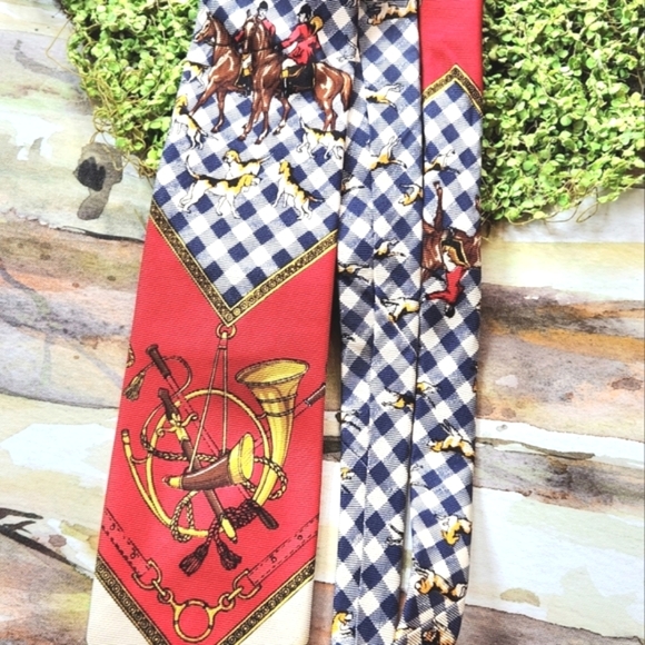 80s POLO Ralph Lauren Preppy HTF Fox Hunt HORSES Plaid Wide Collector Neck Tie - Picture 2 of 13